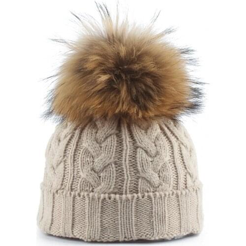 Kids Beanie Baby Hat Pompon Winter Hats For Children Solid Color Twist Knitted Hat Real Raccoon Fur Pompom Skullies Beanies