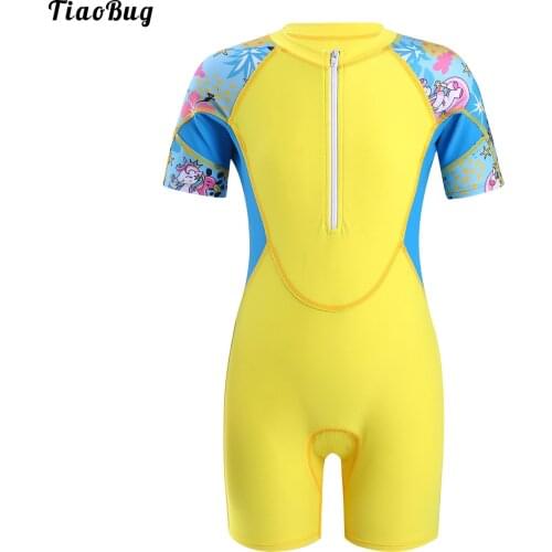 TiaoBug Summer Kids Girls One-Piece Pool Swimming Beach Jumpsuit Stand Collar Short Sleeves Front Zipper Closure Shorts Bodysuit