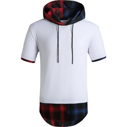 Mens Hipster Patchwork Flannel Plaid T Shirt Short Sleeve Hoodie T-shirt Men Hip Hop Streetwear Casual Longline Tshirts Male xxl
