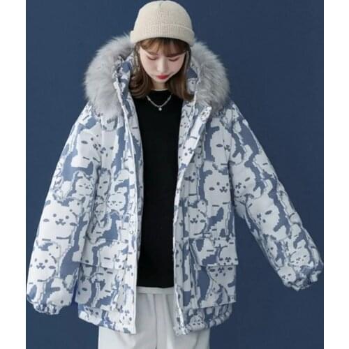 Little Bear Full Print Cotton Clothes 2021 New Female Winter Parka Tooling Hooded Fur Collar Coat Students All-match Loose