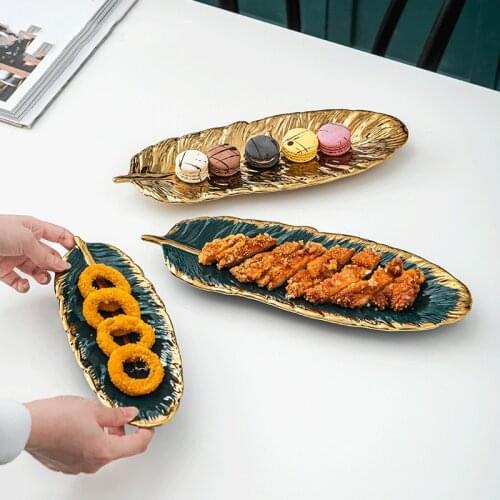 Gold Plating Ceramic Plate Nordic Home Jewelry Decoration Ornaments Feather Fruit Tray Tableware Dim Plates Kitchen Dining Dish