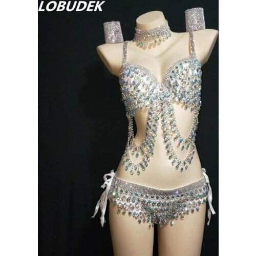 Sparkly Rhinestones Beading Bikini Set Sexy Women Stage Wear Bar Club Party Show Costume Nightclub DJ Singer Performance Bra Set