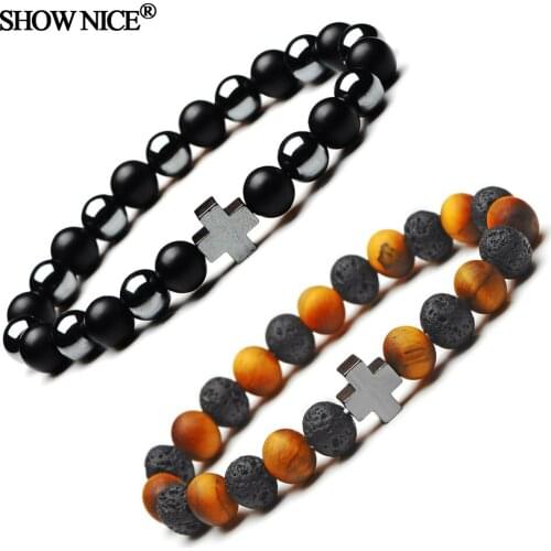 SHOW NICE Jewelry Hematite Cross Natural Stone Matte Tiger Eye Black Onyx Lava Rock Charm Fashion Beaded Bracelets