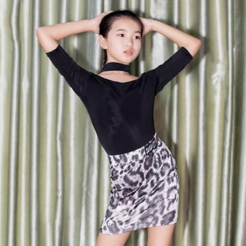 Soft Latin Dresses Girls Samba Dancing Training Suit Black Tops Grey Leopard Latin Dance Skirt Practice Clothing Child DNV13952