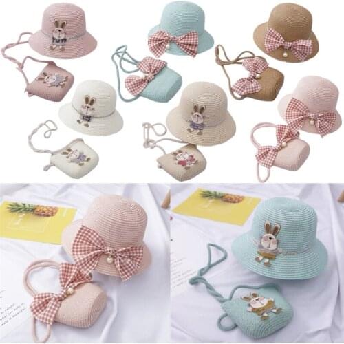 2021 New Baby Girl Summer Beach Hats Cartoon Bunny Bowknot Kids Girls Sun Protection Straw Hat With Handbag UV Protection Cap
