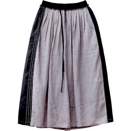 Summer grey ramie skirt with pleated rubber band tie waist A-line skirt 2021-03-26
