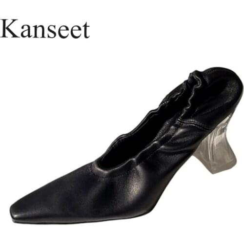 Kanseet 2021 New Women Pumps Spring Autumn Genuine Leather Shoes High Quality Handmade Small Square Toe Pleated Transparent Heel