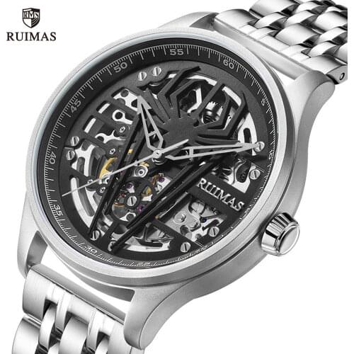 RUIMAS Original Man Automatic Watch Sapphire Crystal Window Spider Pattern Skeleton Wristwatche 50Meter Waterproof Mens Clocks