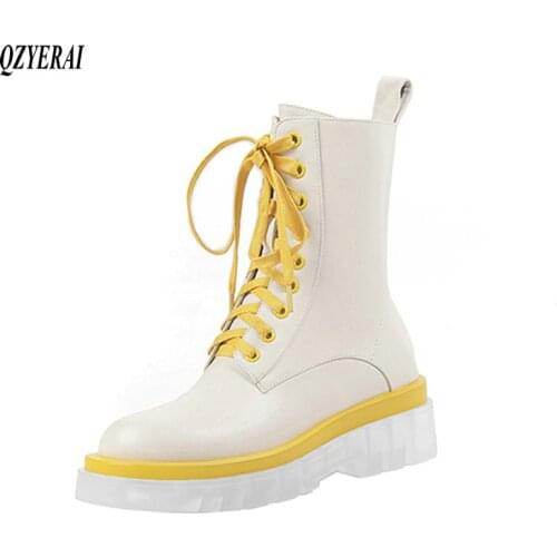 Autumn winter female boots leather thick bottom lacing Martin boots British style thick heel ankle boots motorcycle boots white