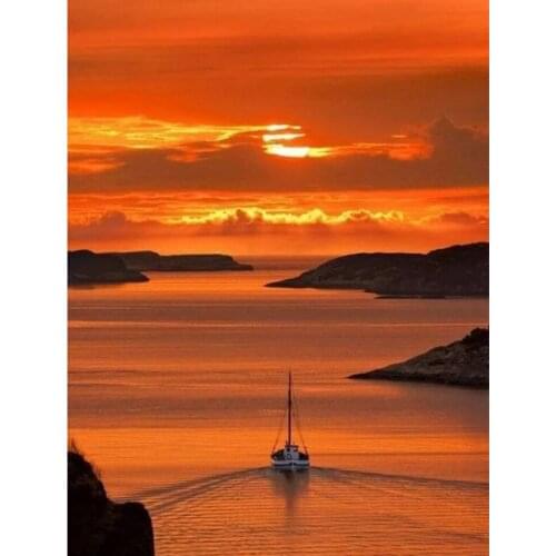 Full Diamond Embroidered Boat sailing on the Lake landscape 5D DIY Diamond Painting Sunset Mosaic Rhinestone Cross stitch Decor