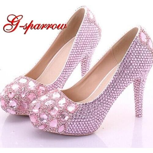 2018 Customized Pink Crystal Birthday Party Shoes 4 Inches High Heel Cinderella Prom Pumps Wedding Bridal Dress Shoes Large Size