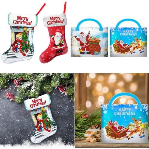 DIY Diamond Painting Christmas Stockings Santa Claus Snowman Christmas Tree Socks Pendants Apple Candy Gift Bag Party Decor