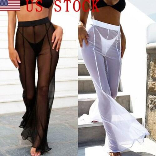 Sexy Women See-through Pants Bikini Cover Up Mesh Ruffle Bottoms Plus Size Loose Long Trousers Beachwear Swimwear Swimsuit