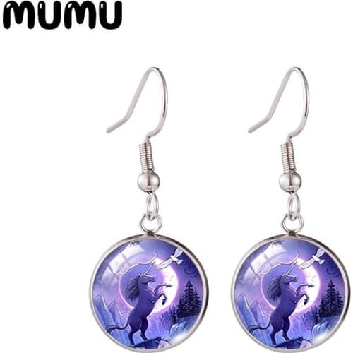 2021 New Moon Unicorn Fish Hook Earring Sparkly Unicorns Round Jewelry Glass Dome Earrings Gifts Girl