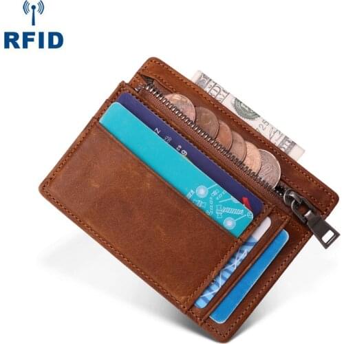 Vintage RFID Blocking Genuine Leather Mens Wallet With Coin Pocket Small Zipper Money Bag Slim Purse For Man Credit Card Holder