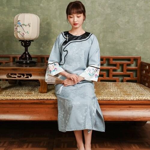 Chinese Clothes Light Blue Qipao Ming Qing Embroidery Dynasties Cheongsams Inverted Sleeve Dress One Piece Cheongsam Dress