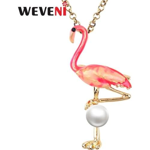 WEVENI Enamel Alloy Pearl Flamingo Bird Necklace Chain Choker Alloy Pendant Novelty Jewelry For Women Girls Ladies Accessories