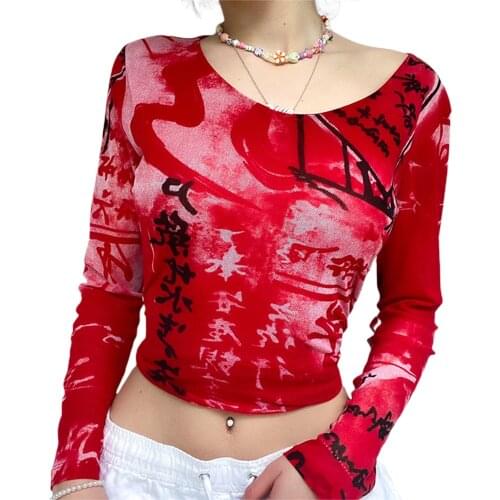 Y2K Womens Basic Scoop Neck Tops Stylish Graffiti Print Long Sleeve Slim Fit T-Shirts