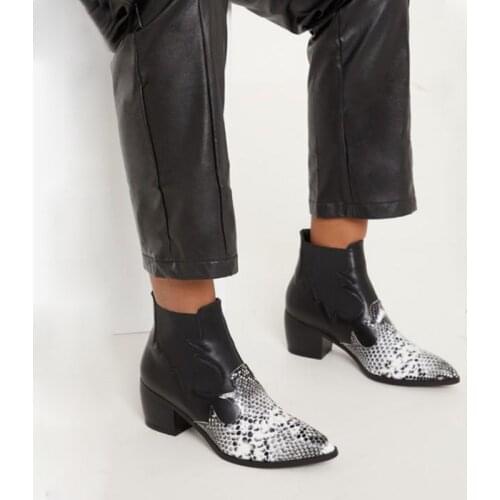 Gladiator Women Python Leather Patchwork Ankle Boots Pointed Toe Chunky Med Heels Snakeskin Short Boots Women Spring Bottine