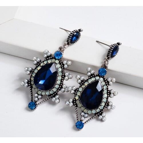 Big Luxury Deep Blue Water Drop Shaped Simulated Pearl Beads Dangle Earrings for Women Retro Jewelry