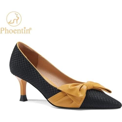 Phoentin Mixed Colors Designer Shoes Big Bow Knot Womens Evening Shoes Pointed Toe Kitten Heels Yellow Blue Plus Size FT1405
