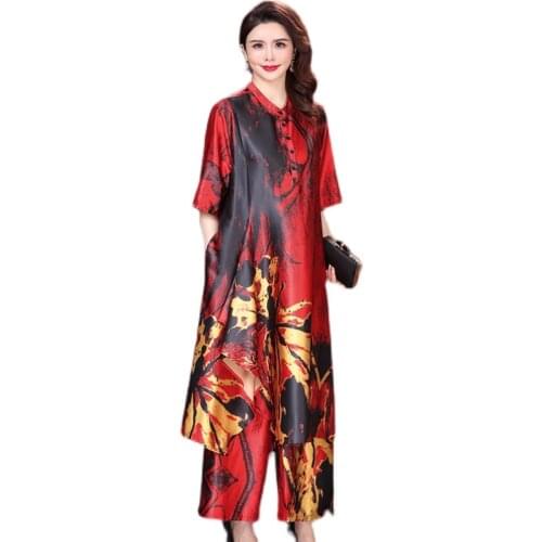 New Summer Two-Piece Female Retro Tencel Print Oversize Long Dress + Pants Women Fashion Loose Waist Wide-Leg Pants Suit Lady