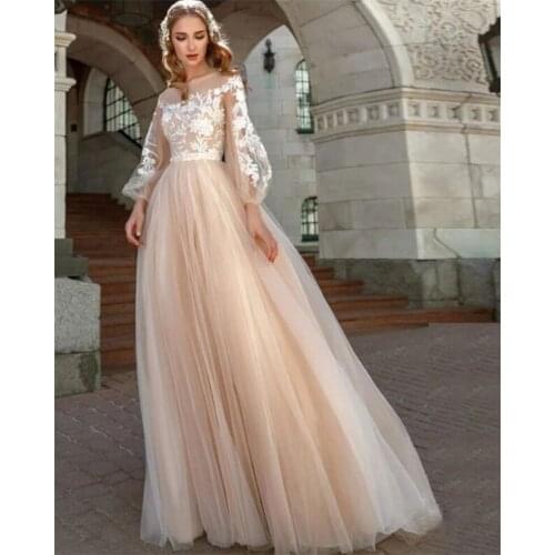 Scoop Elegant Full Sleeve A-Line Sweep Train Wedding Dress vestido de noiva Bridal Dress Tulle Applique Lace Wedding Gowns