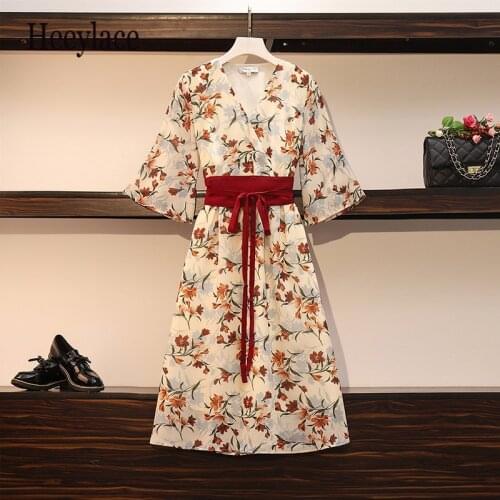 Plus size women A-line Summer print dress short sleeve sashes v neck loose women vintage dress ladies high waist vestidos mujer