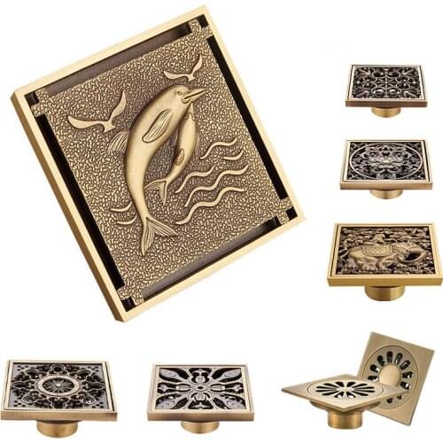 10x10cm European Style Carved Floor Drain Antique Brass Shower Floor Drain Bathroom Deodorant Floor Drain Filter Floor Drain