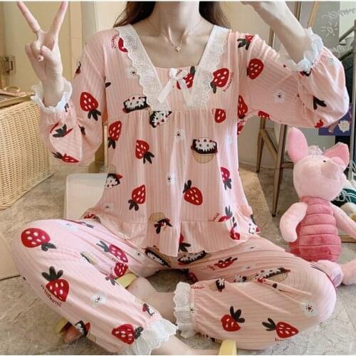 2020 Autumn Long Sleeve Print V-neck Pajamas Sets for Women Cute Lace Sleepwear Suit Pyjamas Homewear Pijama Mujer Home Clothes