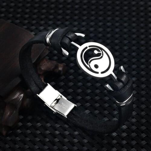 2021 Fashion Jewelry Stainless Steel Tai Chi Yin Yang Fish Leather Bracelet Charm Double Cuff Mens Bracelet Pulsera Hombre