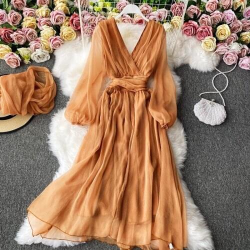 2021 Sping New Women V-Neck Puff Sleeve chiffon A-Line Dress Female Chic Elegant Vacation Dresses With Scarf Two Pcs Sets