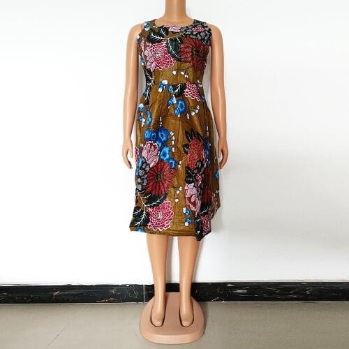 African Fashion Clothing Wax Dresses For Women Summer Style Round Collar Sleeveless High Waist Vestidos Colorful Floral Print
