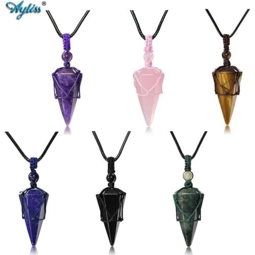 Ayliss Crystal Stone Pendant Necklace Hexagonal Pointed Gem Stone Pendulum Natural Stone Healing Reiki Divination Yoga Necklaces