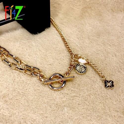 F.J4Z Hot Trend Necklace for Women Gold Metal Chain Collars Simulated Pearl Coin Charms Pendant Necklace Anniversary Gift