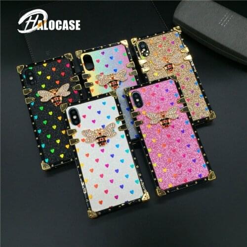 For iPhone 11 Pro Max Case Luxury Square Fashion Heart Glitter Bee Phone Case For iPhone 12 PRO X XS Max XR 7 8 6 6S Plus SE2020