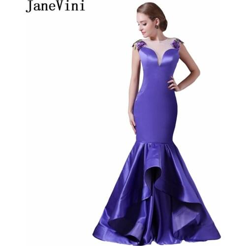 JaneVini Graceful Satin Long Bridesmaid Dresses Exquisite Embroidery Appliques Sheer Back Floor Length Mermaid Ruched Prom Gowns