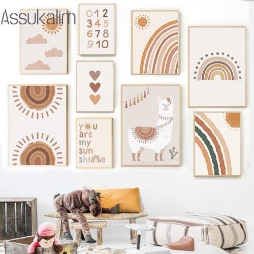Boho Canvas Painting Alpaca Poster Sun Rainbow Posters Number Wall Pictures Love Prints Nursery Paintings For Baby Bedroom Decor