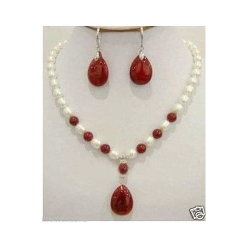 Hot sale FREE shipping>>>Set of White Pearl Red stone Necklace Earring Fashion Wedding Party Jewellery