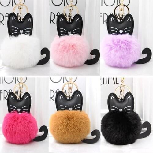 Cute Cat Fun Plush Toys For Children Girls Bag Hang Pendant Fluffy Fur Pom Pom Metal Cartoon Keyring Soft Toys Kids Gift