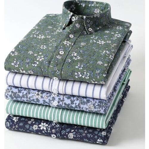 100% Cotton Oxford Men Dress Shirt Long Sleeve Striped Plaid Floral Print Mens Fashion Clothing Trends Tops