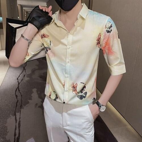 Flower shirt mens short sleeve 2021 summer trend slim Joker very fairy shirt mens ruffian handsome inch shirt