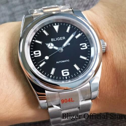 BLIGER New Polished Dress Self Winding Men Watch 24 Jewels NH35A MIYOTA 8215 Brushed Oyster Bracelet Glass Back Green Luminous