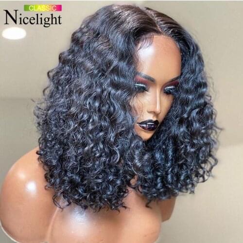 Nicelight 16 inches Curly Human Hair Wigs Pixie Cut Wig Short Bob Wig Brazlian Deep Curly T Part Lace Wig Wet And Wavy Remy Wig