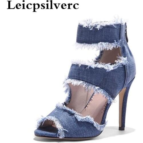 Summer new European and American denim super high heel women sandals after the zipper fish mouth side empty large yards of sanda