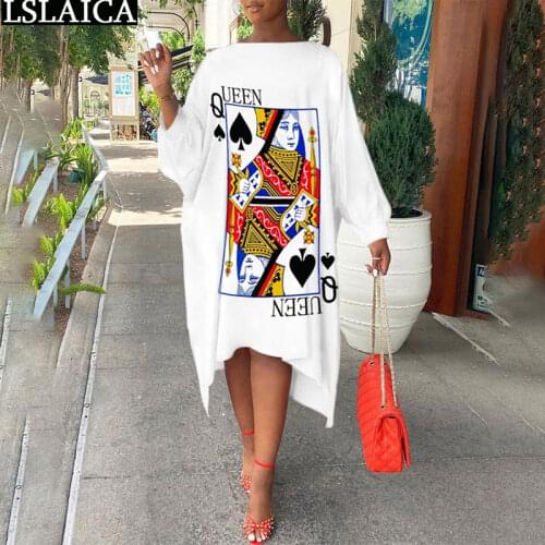 New Arrival Dresses for Women 2021 Elegant Long Sleeve O Neck Poker Print Knitted Casual Women Dresses Loose Fashion Midi Dress