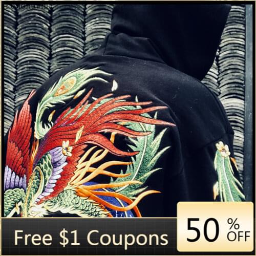 Original Chinese Style Phoenix Embroidery Oversize Shoulder Size Men and Women Loose Hooded Anime Hoodies Japanese Streetwear