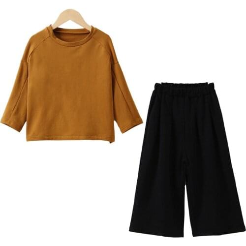 Teen Girls Casual Two Piece Set 2020 Autumn Kids Girls Cotton Shirt and Wide-Leg Pants Set Fashion Children Clothes Set, #8919