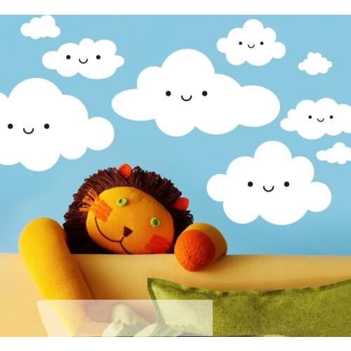 Happy Smiley Face White Clouds Wall Stickers For Kids Room Cute Baby Wall Art Decals Vinilos Paredes 3d Poster Vinyl Mural D946