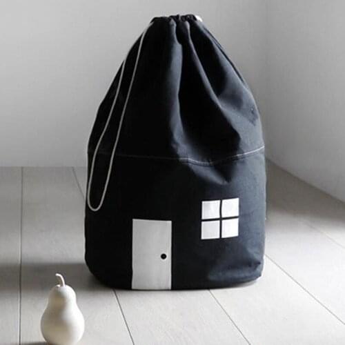 Cotton Canvas Cute Small House Storage Bag Large Capacity Laundry Toy Drawstring Bag Black White Folding Reusable Bag 65*40cm